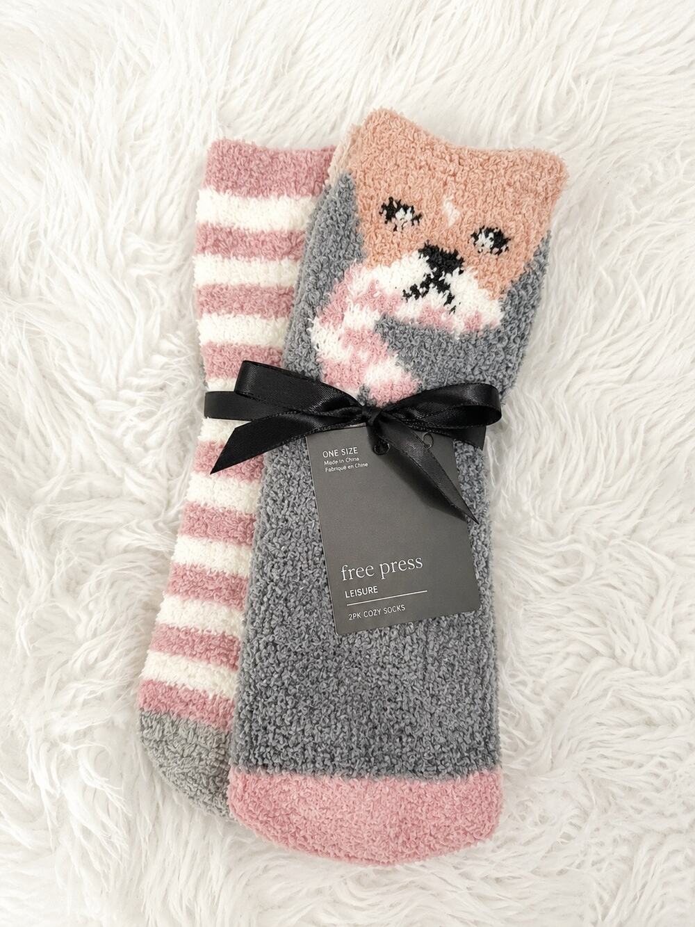 Free Press 2-Pack Fuzzy Micro Crew Socks | Chihuahua & Pink Stripe | One Size